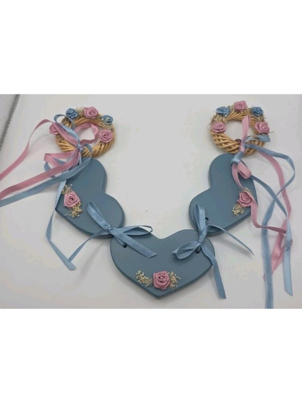 Vintage Hand-Painted Wooden Blue Hearts Garland Cottage Core Granny Core